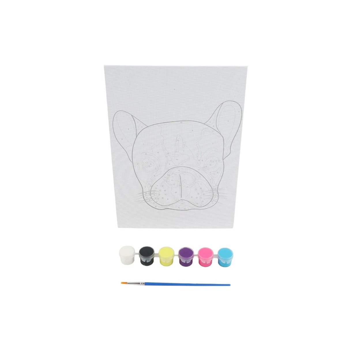 Kids craft paint-by-number French bulldog canvas board set: white canvas, brush, 6 pots