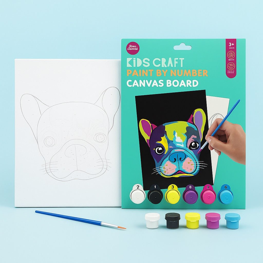 Kids craft paint-by-number French bulldog canvas board set, brush and 6 paint pots
