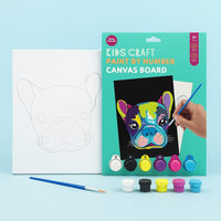 Kids craft paint-by-number French bulldog canvas board set, brush and 6 paint pots