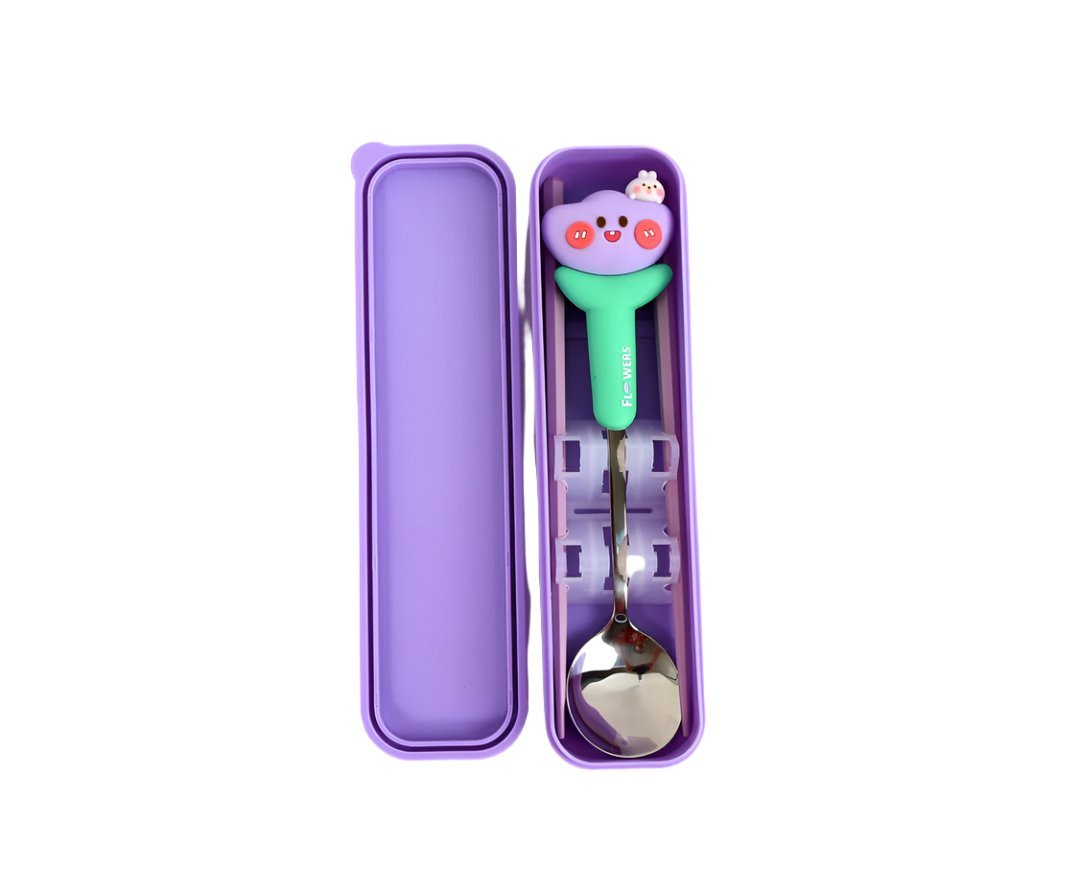 Kids cutlery set with case, purple case holding a green-handled spoon and chopsticks