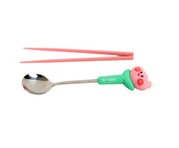 Kids cutlery set with case, green-handled spoon with two pink chopsticks