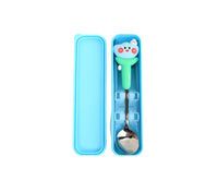 Kids cutlery set with case, light blue case holding a green-handled spoon