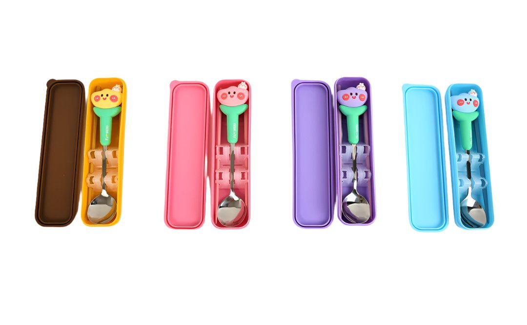 Kids cutlery sets with cases in multiple colors, each with green-handled utensils