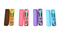 Kids cutlery sets with cases in multiple colors, each with green-handled utensils