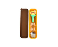 Kids cutlery set with case, brown case holding a green-handled spoon and utensils