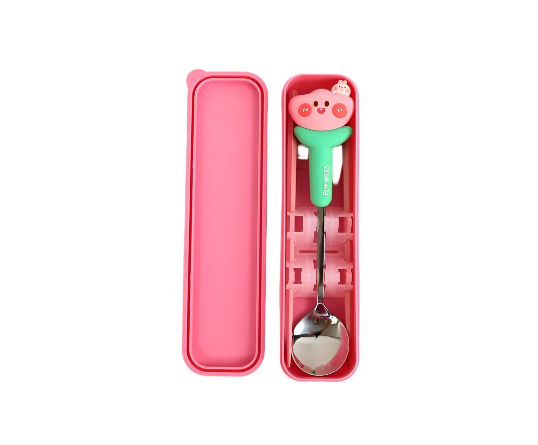 Kids cutlery set with case, pink case holding a green-handled spoon and utensils
