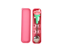 Kids cutlery set with case, pink case holding a green-handled spoon and utensils