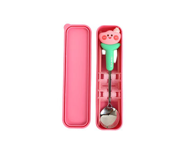 Kids cutlery set with case, pink case holding a green-handled spoon and utensils