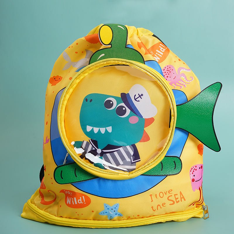 Kids dinosaur backpack with embroidered blue dinosaur face and front yellow pocket zipper