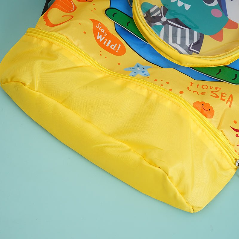 Kids dinosaur backpack yellow zipper pocket panel with stitched trim and side seam