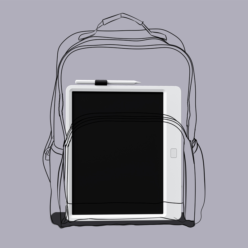 Kids electronic writing pad with illustrated backpack-style cover