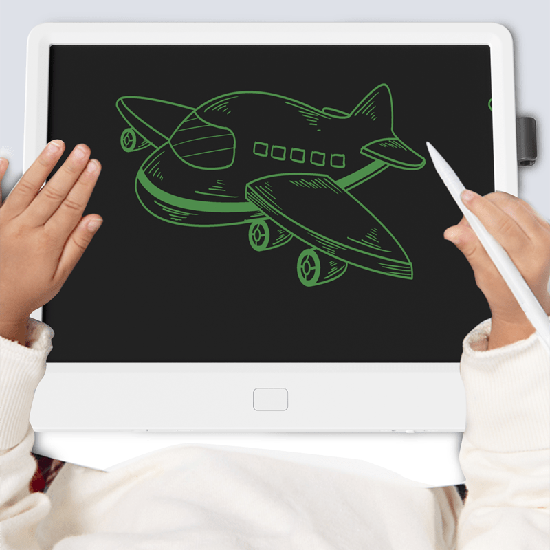 Kids electronic writing pad with stylus, airplane doodle on black screen