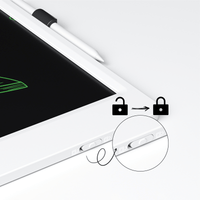 Kids electronic writing pad side view with stylus and lock button detail