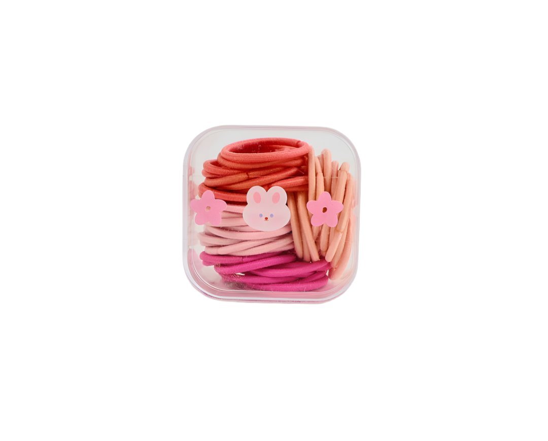 Soft hair tie set in a clear plastic storage box, coral and pink ties with flower charms