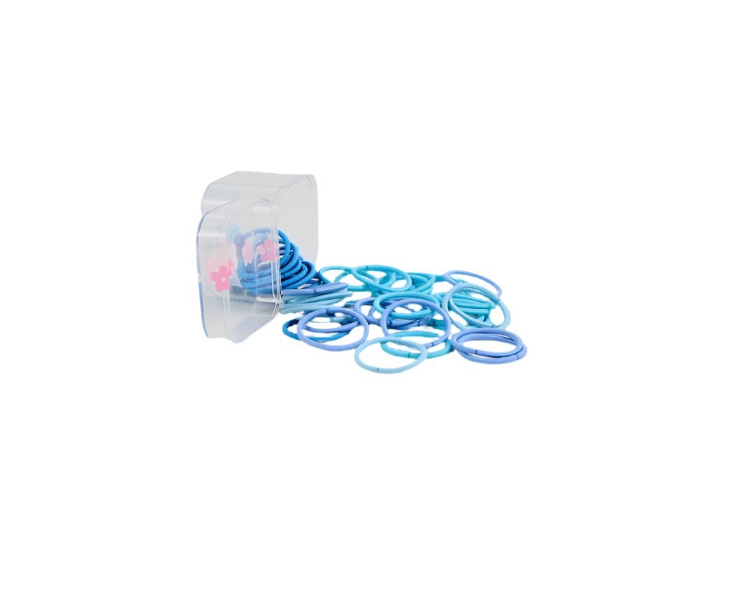 Blue soft hair ties with flower charms, shown spilling out of a clear storage box