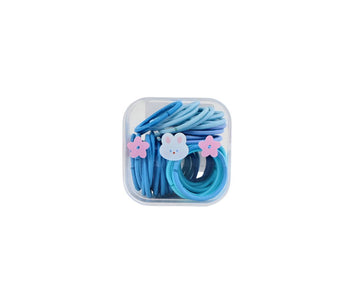 Soft hair tie set in a clear plastic storage box, blue ties with flower charms