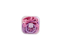 Soft hair tie set in a clear plastic storage box, pink and purple ties with charms