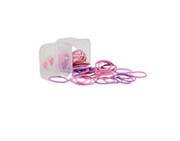 Pink and purple soft hair ties with flower charms in a clear storage box