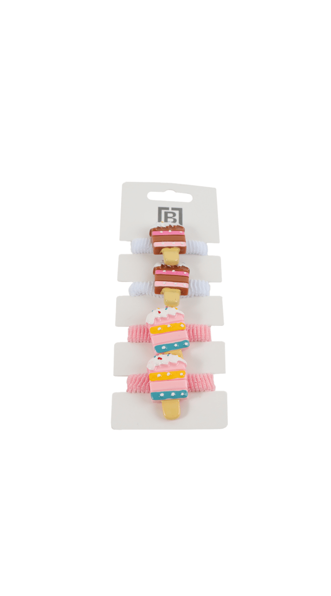 Pack of four cake-shaped hair ties on elastic bands with frosting decorations