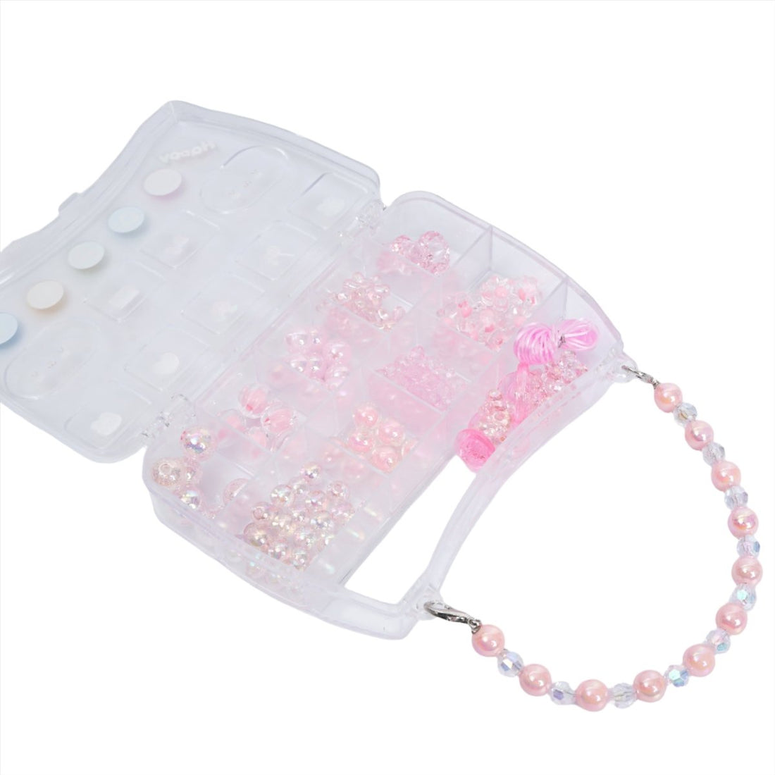 Jewelry making kit pouch open with pink beads and plastic compartments