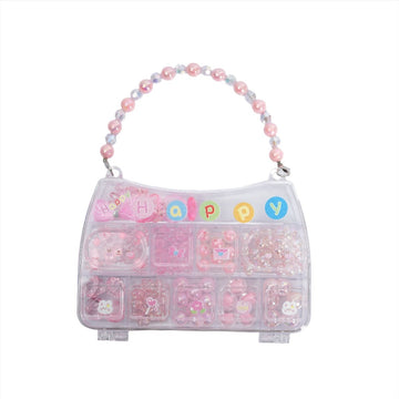 Jewelry making kit pouch with pink bead handle and alphabet beads