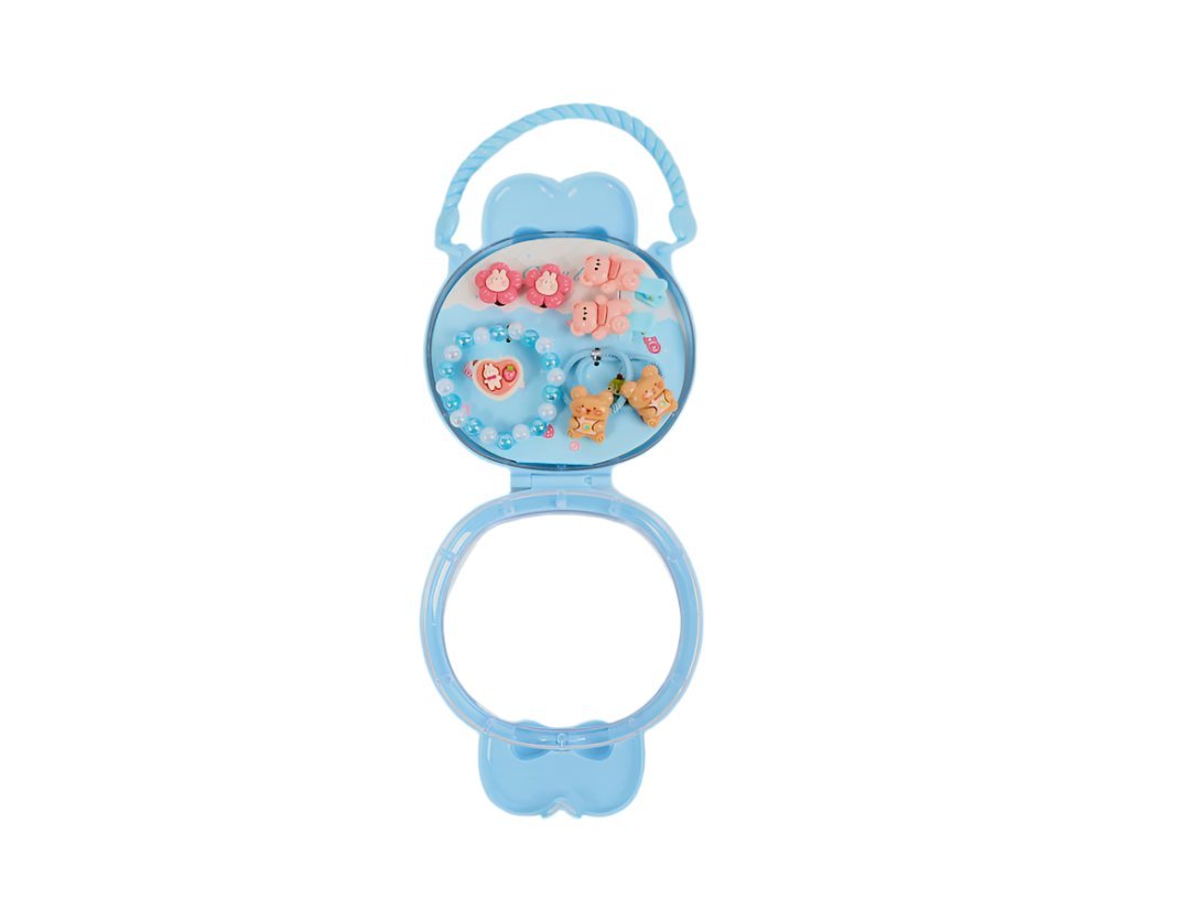 Kids jewelry set in blue bear-themed case: stacked bracelet loops with charms