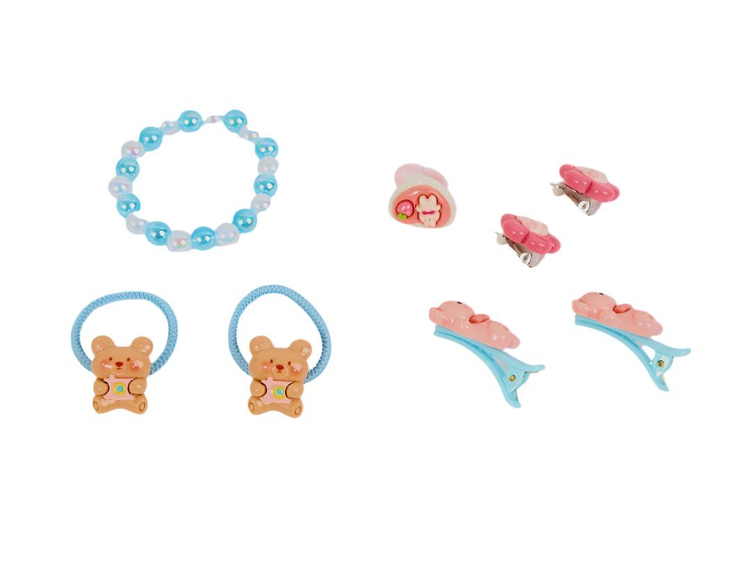 Kids jewelry set with bear charms: blue beaded bracelet and dangling animal pieces