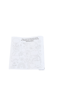 Magic Friends activity paper roll, unrolled sheet with line art and prompt text