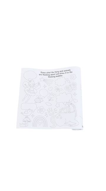 Magic Friends activity paper roll, unrolled sheet with line art and prompt text