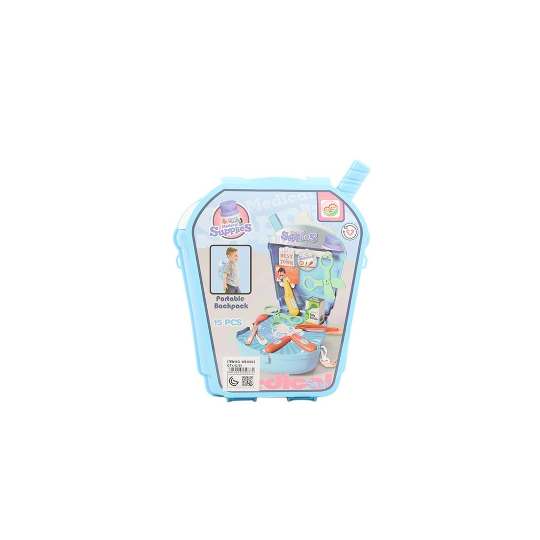 Light blue kids doctor backpack toy package, 15-piece set front artwork
