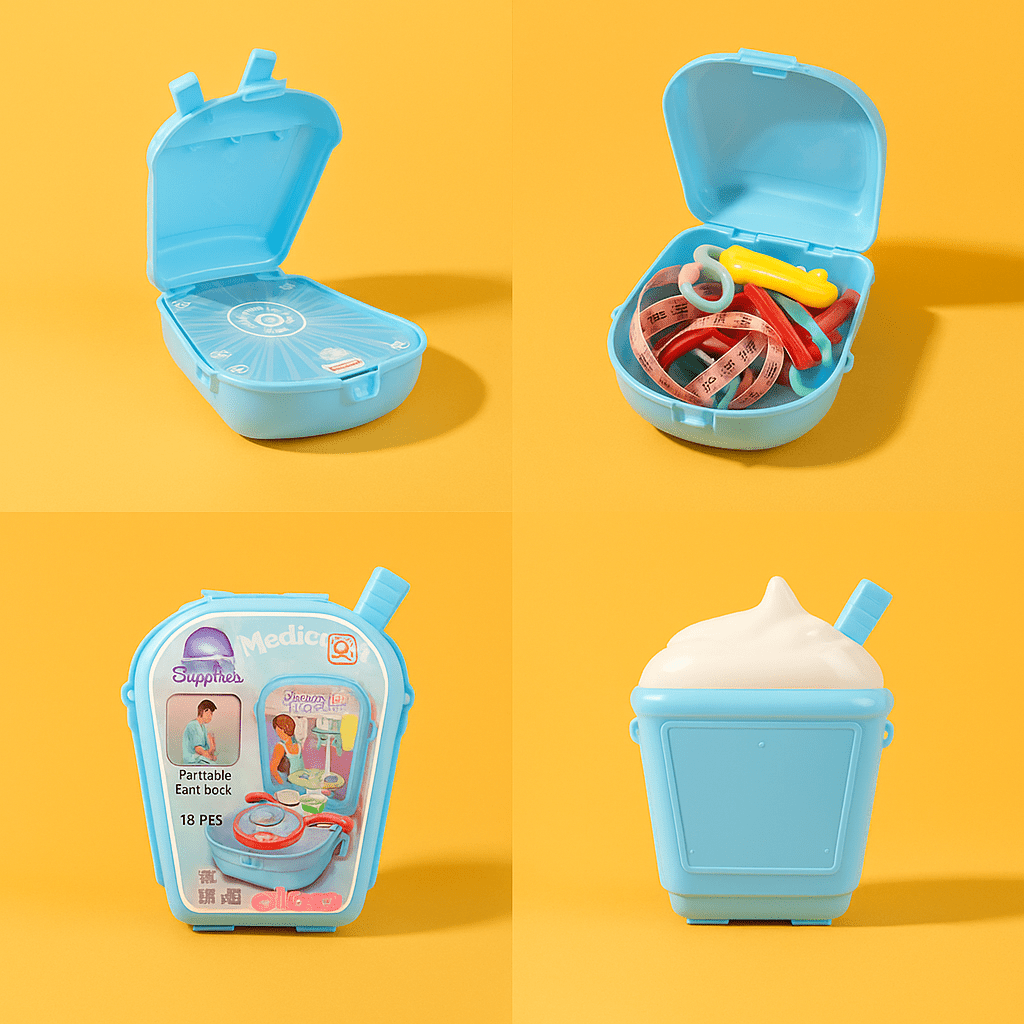 Light blue kids doctor backpack toy set, open with colorful medical accessories inside