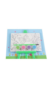 Kids paint set with easel and floral stencil board, with colored paint cups