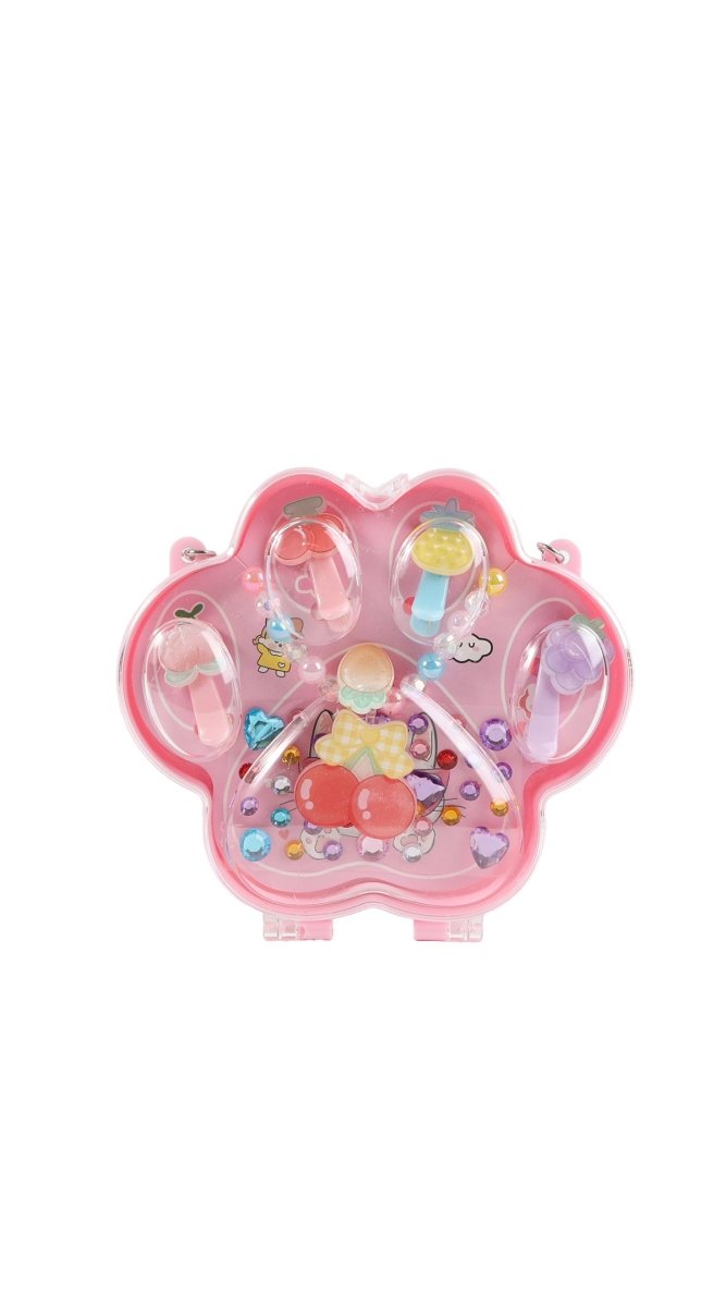 Kids paw print jewelry set in pink paw-shaped case with colorful charms and beads