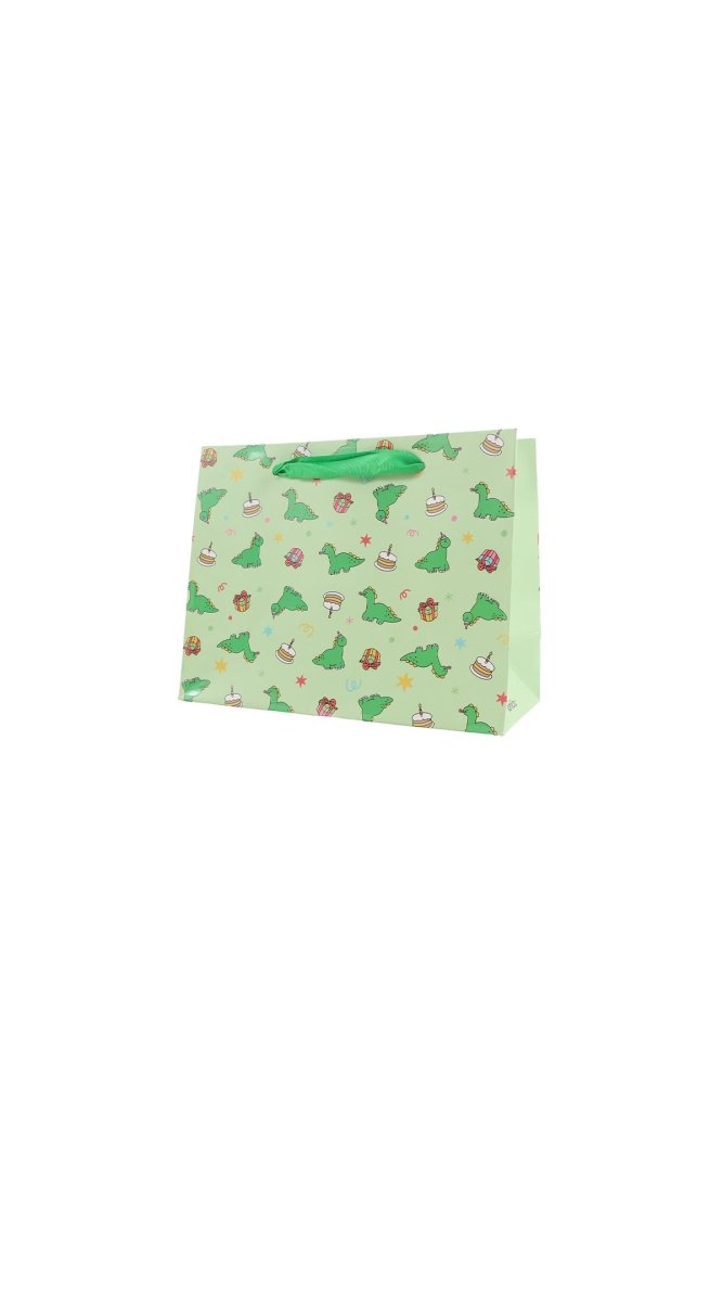 Green printed paper gift bag with animal motifs and rope handles