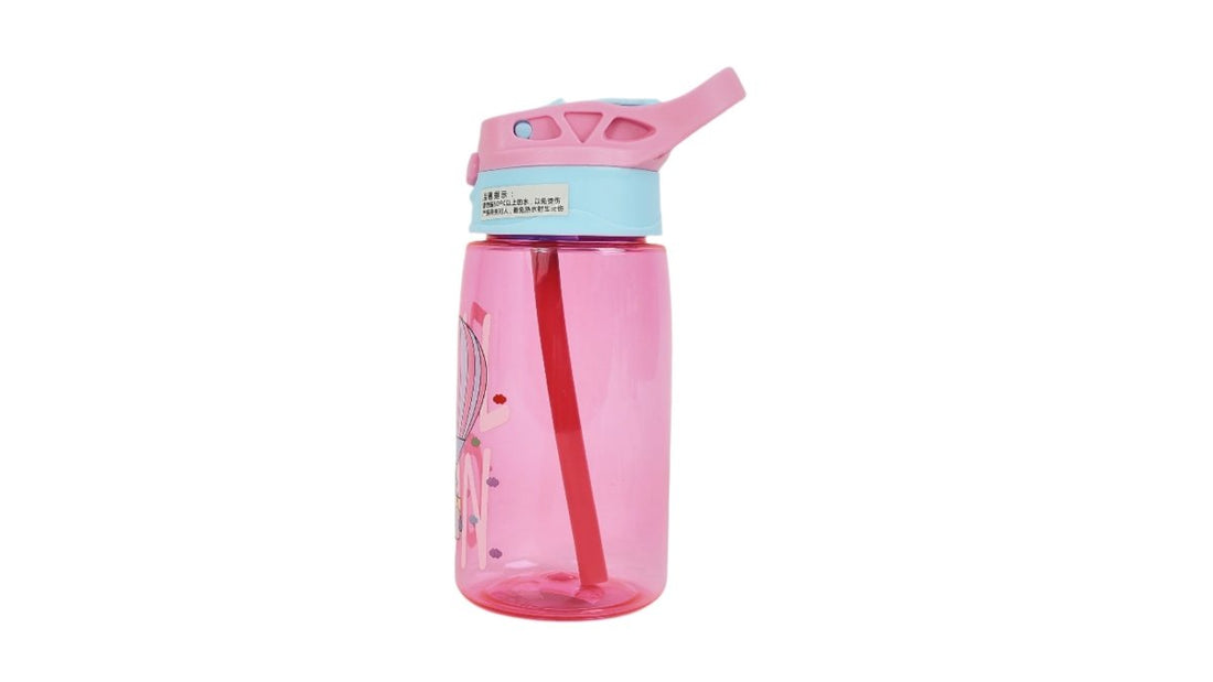 Kids plastic water bottle, pink transparent 480ml, pink flip straw lid, cartoon print