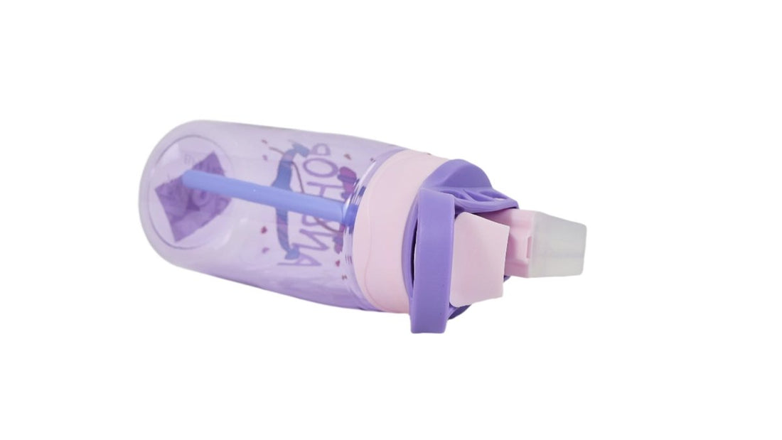 Kids plastic water bottle, purple transparent 480ml, purple flip straw lid, cartoon print