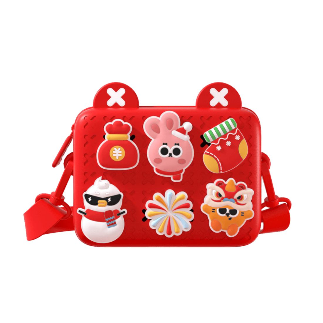 Kids silicone crossbody bag, red with animal holiday patches and zip closure