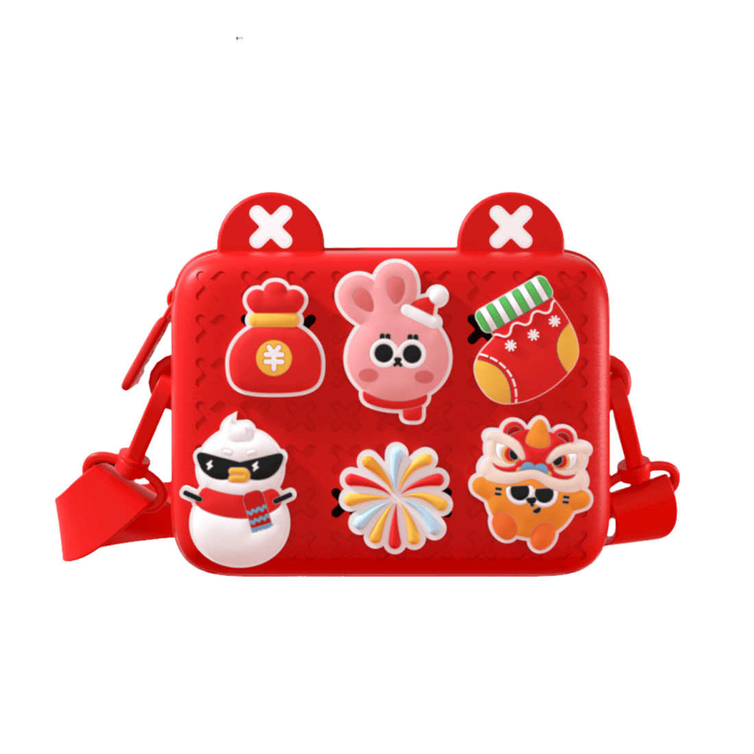 Kids silicone crossbody bag, red, front patch panel and side shoulder straps