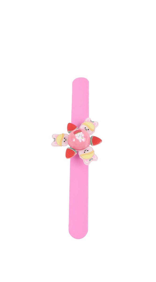 Pink spinning bunny fruit bracelet with small hanging bunny and fruit charms
