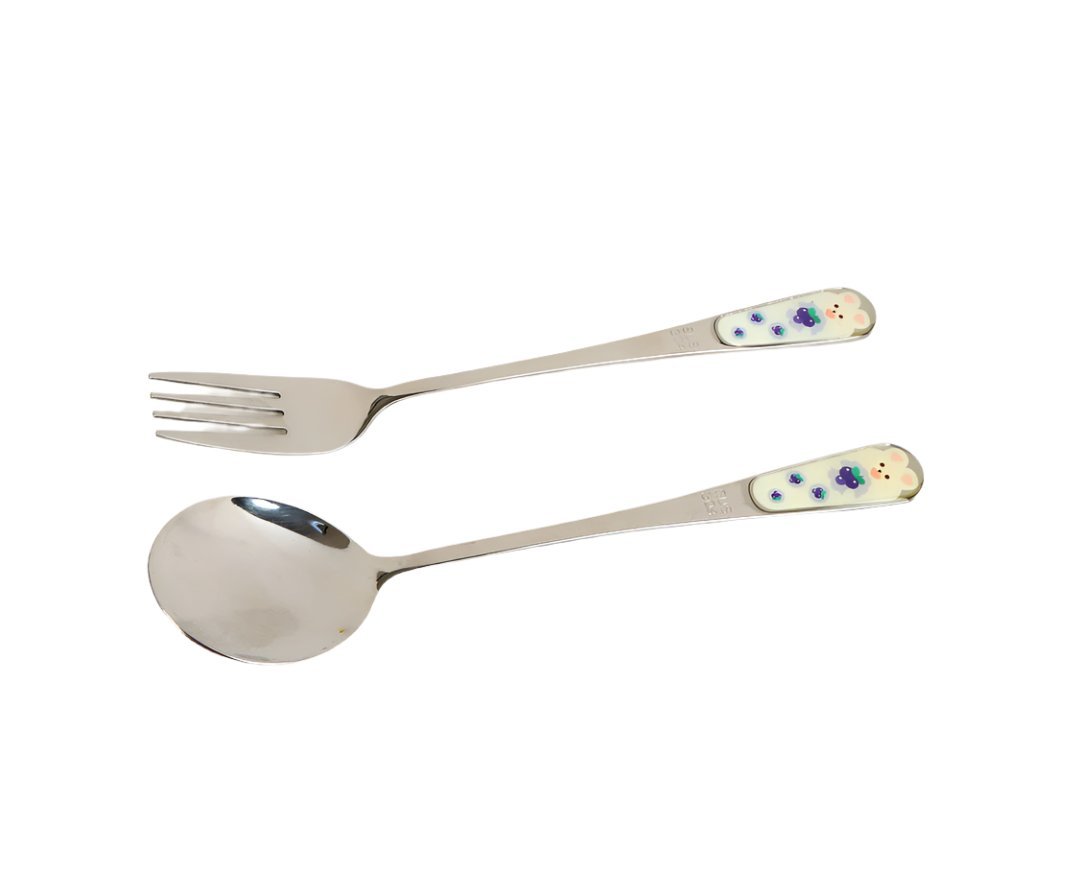 Kids stainless steel cutlery set with two forks and two spoons, floral handle