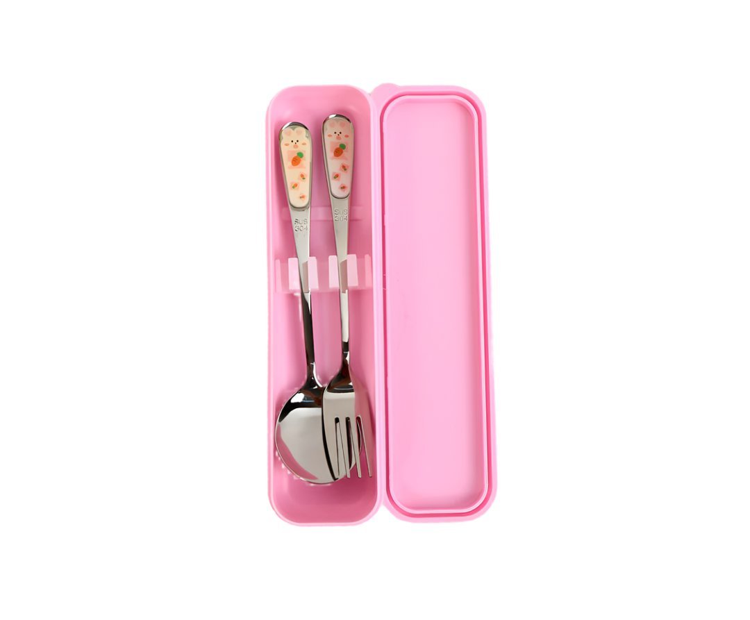 Kids stainless steel cutlery set in pink case with fork and spoon utensils
