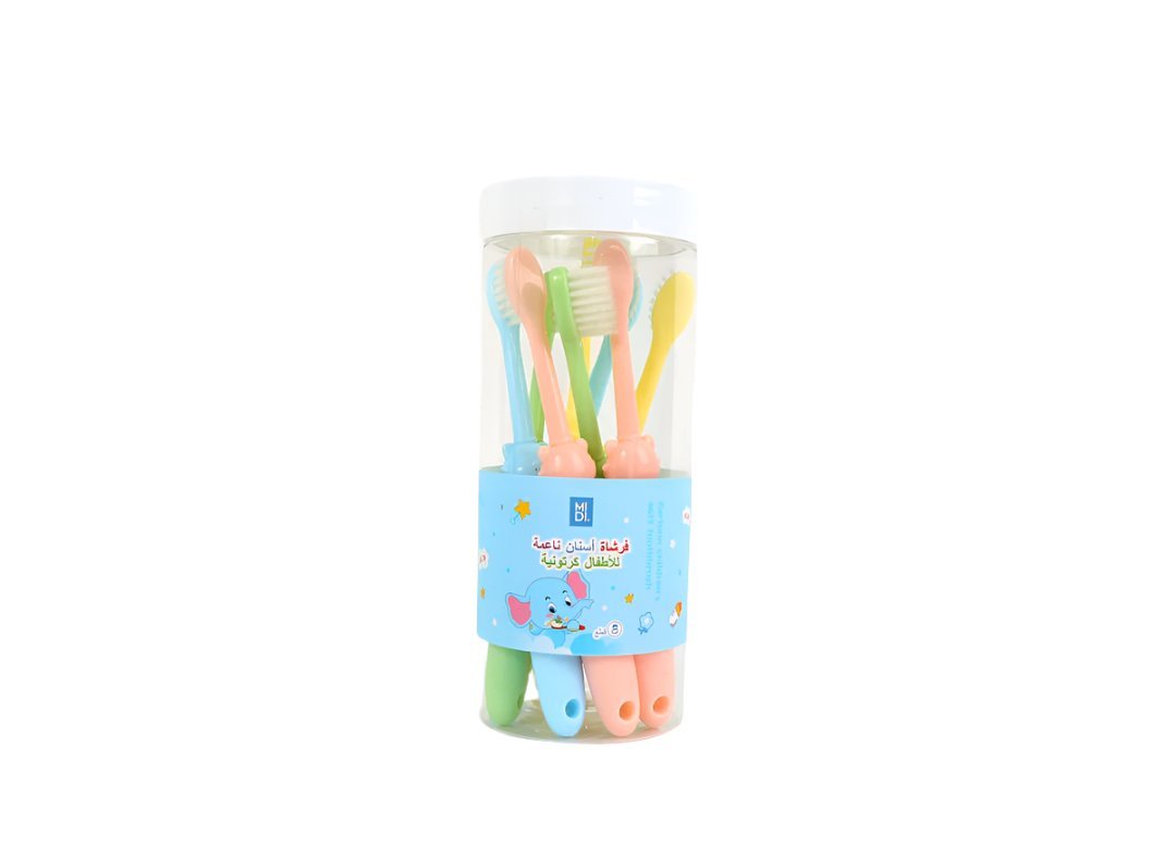 Kids 6-pack toothbrushes in clear container with colorful handles.