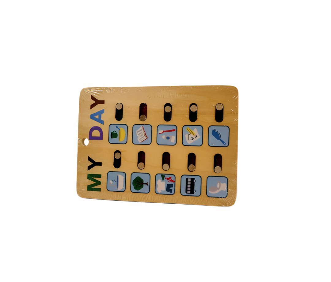Kids wooden daily routine chart with MY DAY title and rows of activity cards