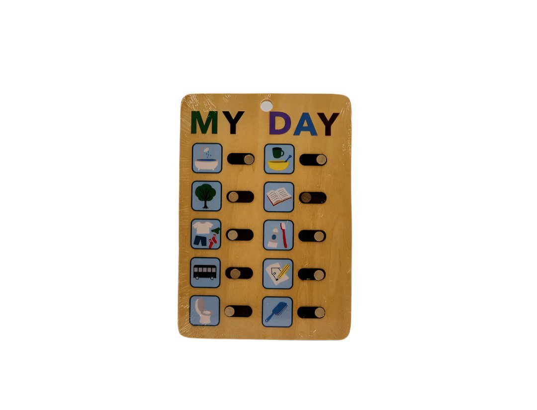 Kids wooden daily routine chart with MY DAY header and colored activity icons
