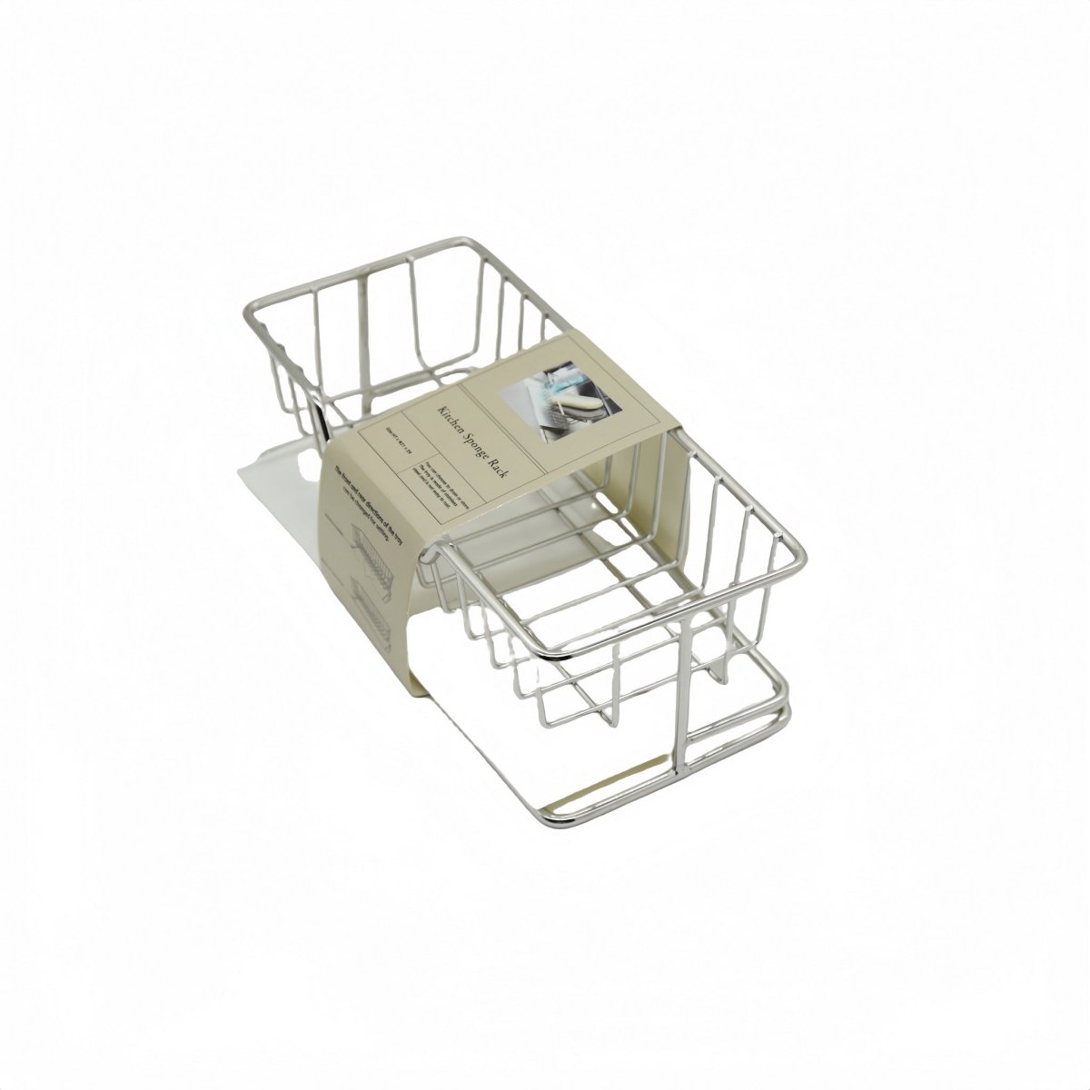 Stainless steel sponge rack with wire frame and base, angled view with box