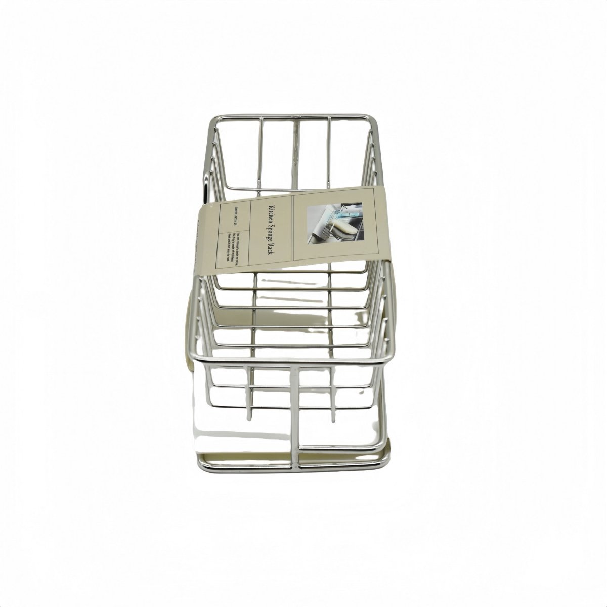 Stainless steel sponge rack with wire frame, shown in product packaging