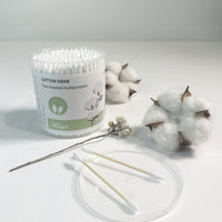 Double-headed cotton swab pack with white swabs and plastic jar container