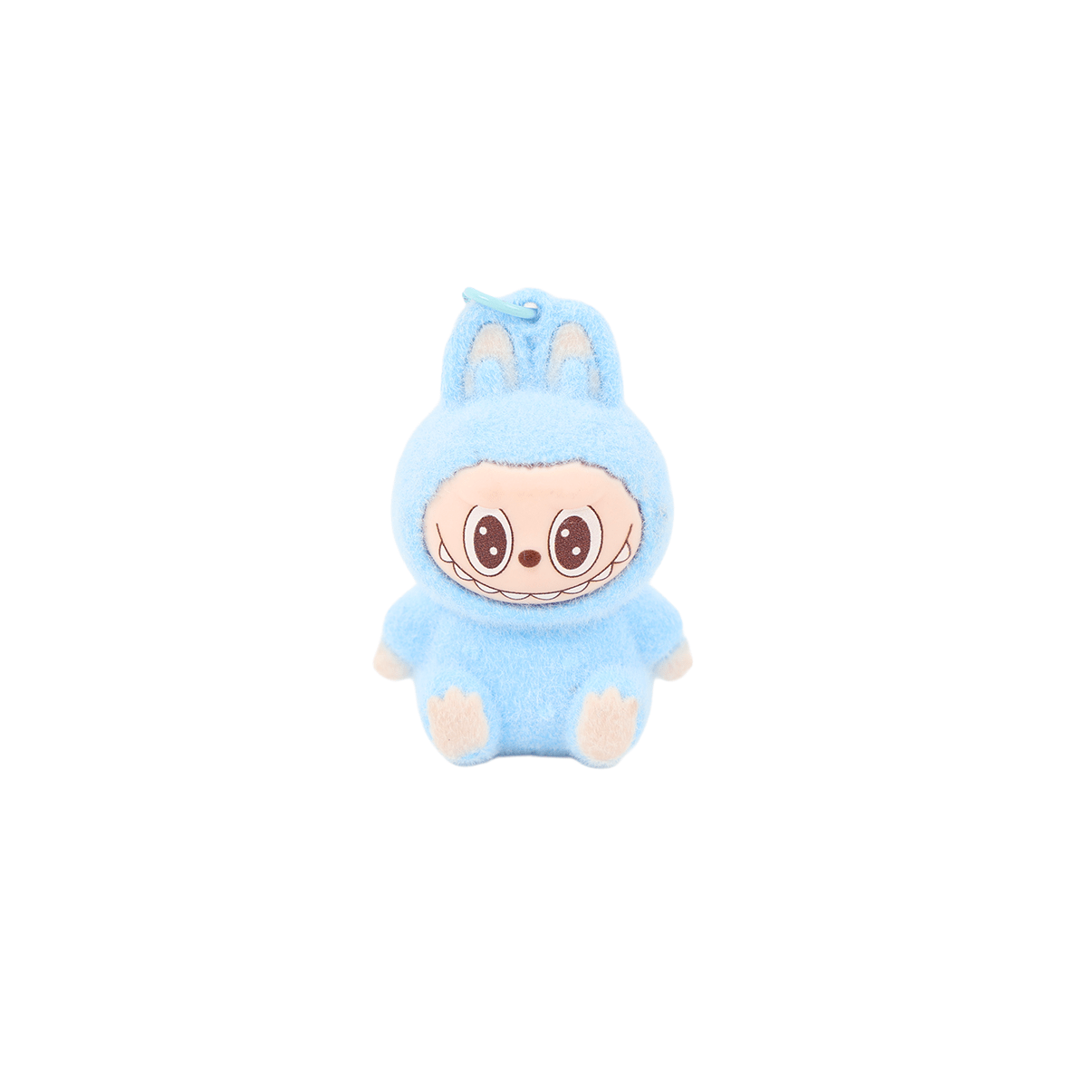 Labubu keychain plush in blue with hood, cute face, front view