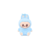 Labubu keychain plush in blue with hood, cute face, front view