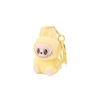 Labubu keychain plush in yellow with keyring clasp, side view
